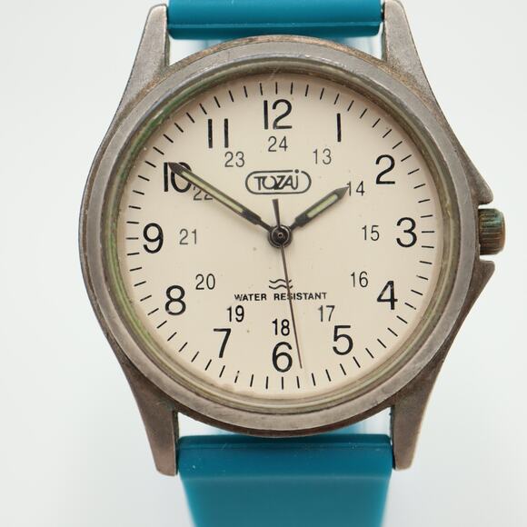 Vintage Tozai Unisex Watch 33mm Round Dial Blue Silicone Strap with New Battery - Picture 6 of 16